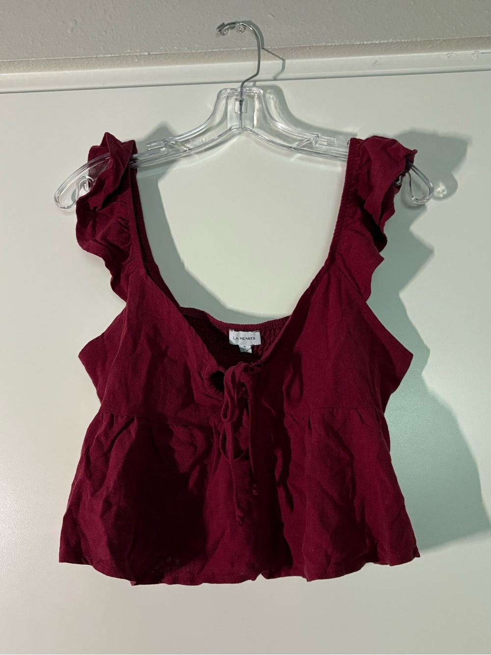 LA Hearts Cropped Burgundy Babydoll Top w/tie and ruffle straps